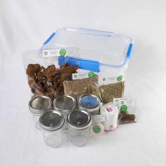 Complete Organic Mushroom Cultivation Monotub Starter Kit with everything you need to grow mushrooms at home, including a monotub, spawn jars, organic rye grain, pelletized gypsum, micropore tape, coco coir, vermiculite, detailed instructions, and more.