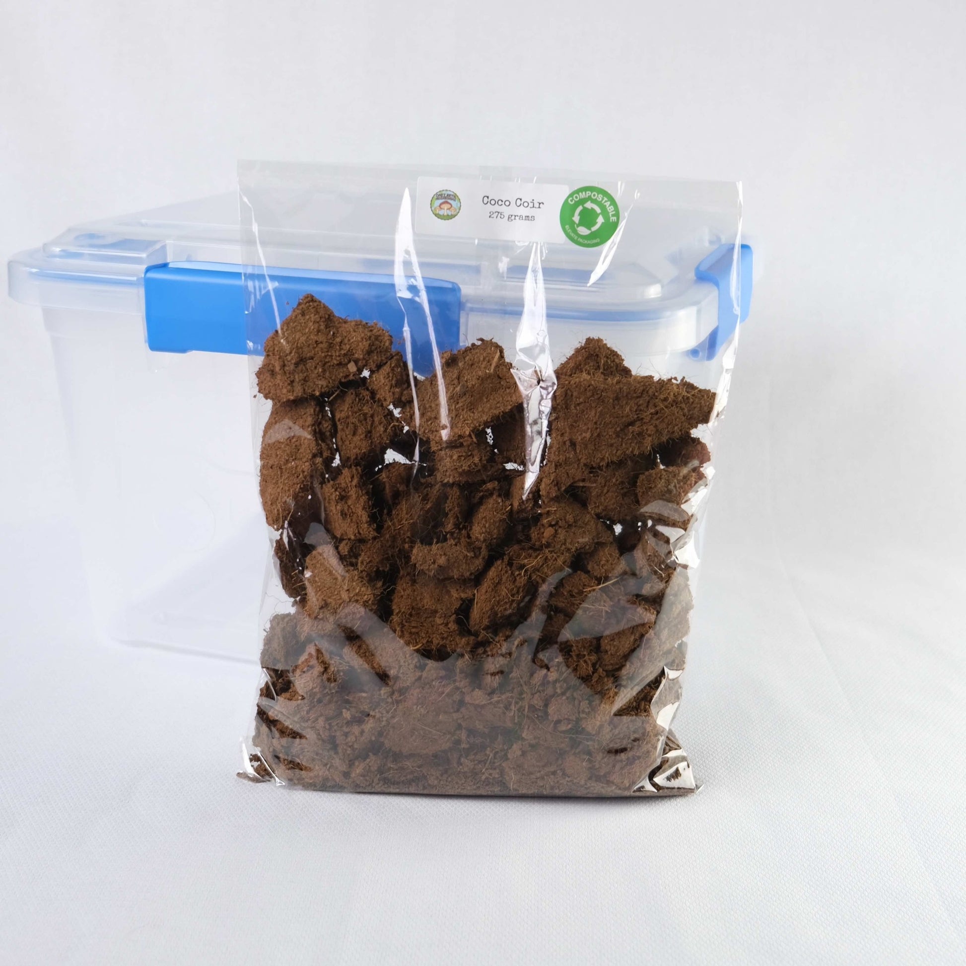 275 grams of organic coco coir, one of the building blocks of the mushroom substrate. This is enough coco coir for one grow cycle in your monotub.