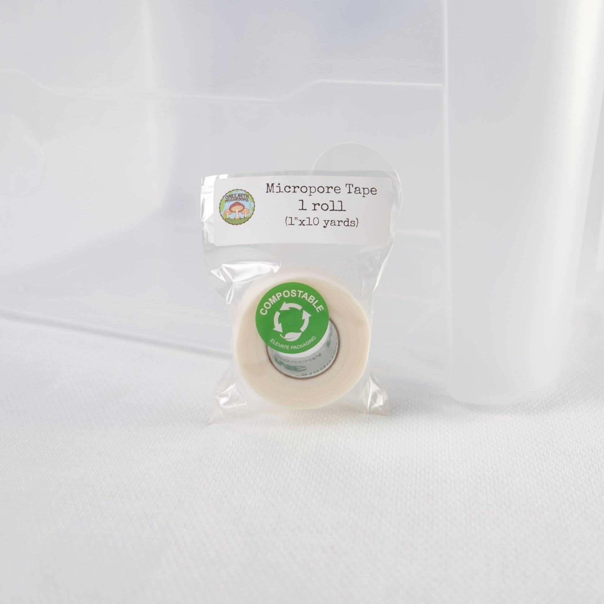 One roll of micropore tape. The tape is 1" in width and 10 yards in length. This tape will be used to cover the vent ports of the grain spawn jars; this prevents contaminants from entering the jars while ensuring there is adequate gas exchange during mycelial colonization of the grain.